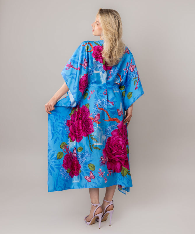 Fairytales on silk Kaftan in Azure Blue