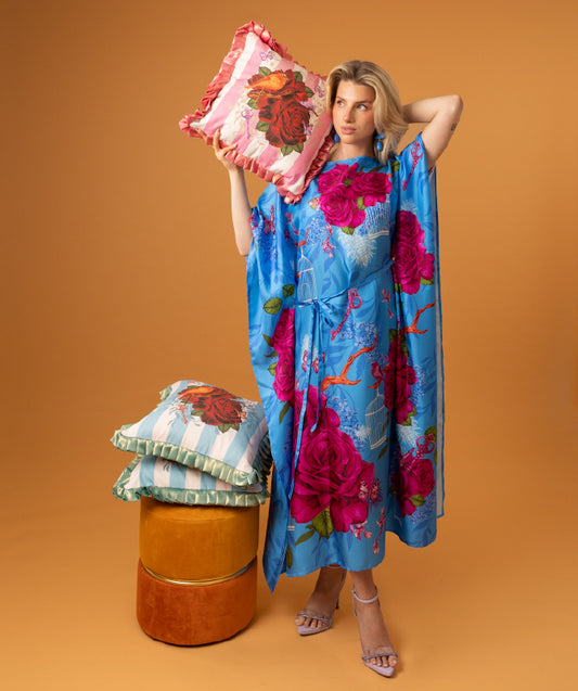 Fairytales on silk Kaftan in Azure Blue