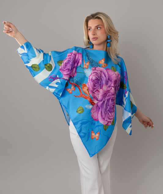 Fairytales on silk top in Azure Blue