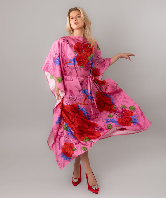 Fairytales on silk Kaftan in Macaron Pink