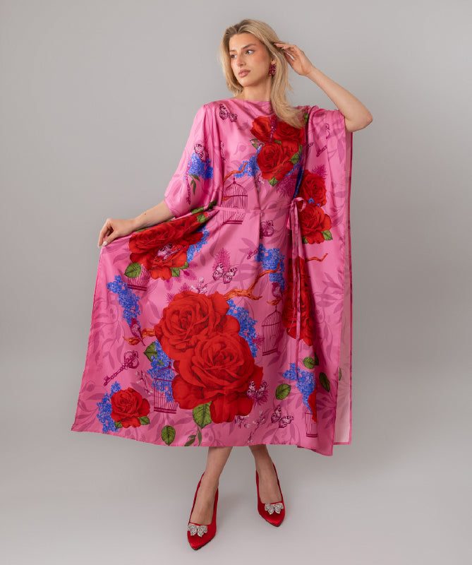 Fairytales on silk Kaftan in Macaron Pink