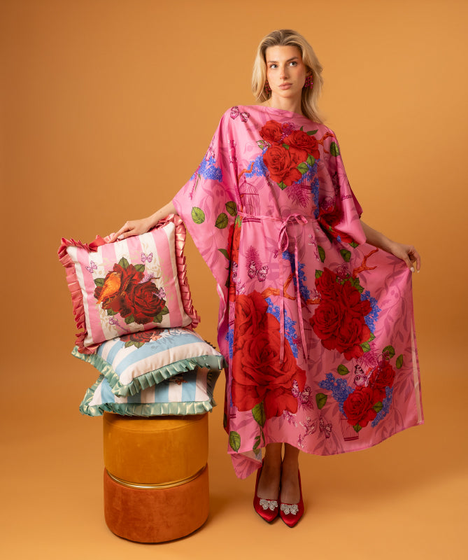 Fairytales on silk Kaftan in Macaron Pink