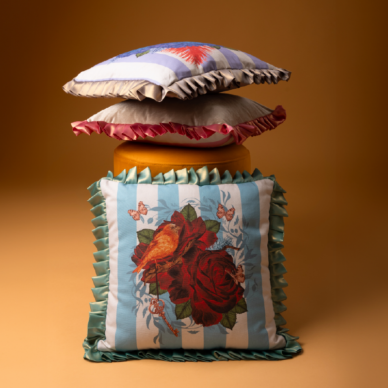 Romantic Ruffles & Roses Cushion – Blue Parisian Stripes (Lands April)