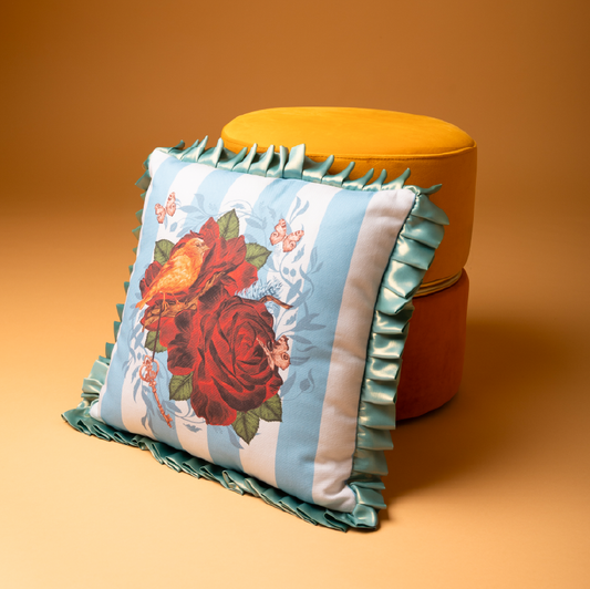 Romantic Ruffles & Roses Cushion – Blue Parisian Stripes (Lands April)