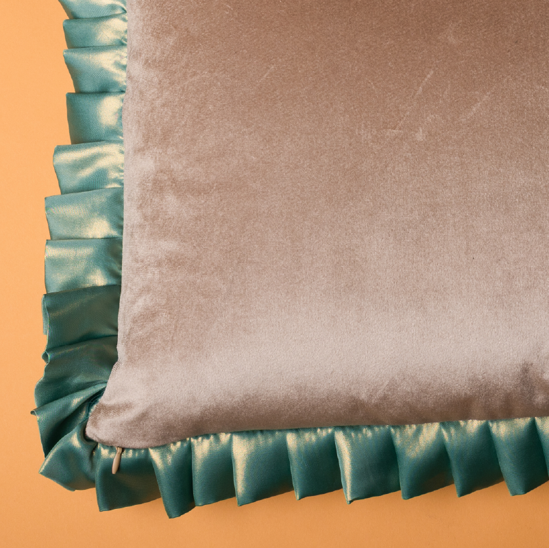 Romantic Ruffles & Roses Cushion – Blue Parisian Stripes (Lands April)