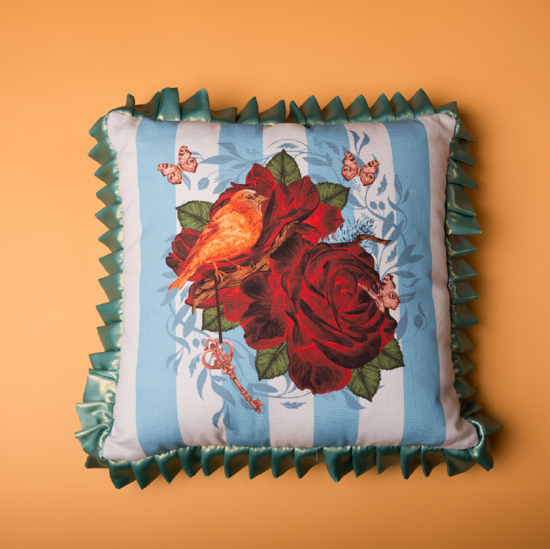 Romantic Ruffles & Roses Cushion – Blue Parisian Stripes (Lands April)