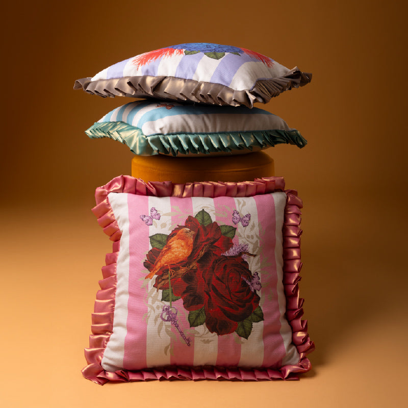 Romantic Ruffles & Roses Cushion – Pink Parisian Stripes (Lands April)