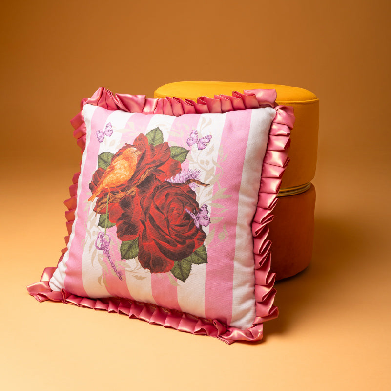 Romantic Ruffles & Roses Cushion – Pink Parisian Stripes (Lands April)
