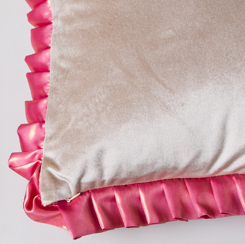 Romantic Ruffles & Roses Cushion – Pink Parisian Stripes (Lands April)