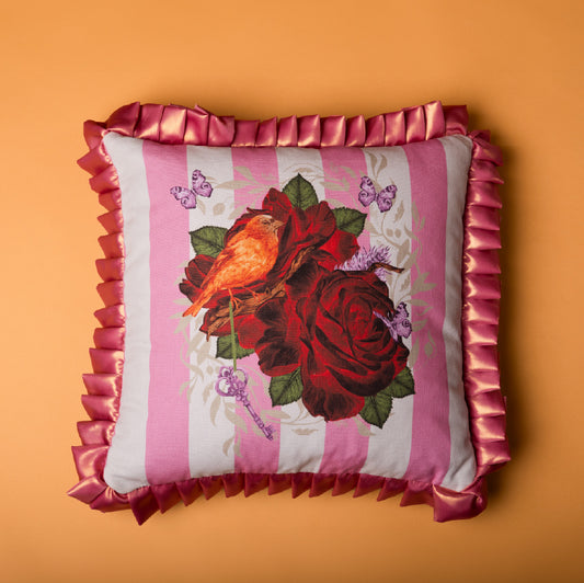 Romantic Ruffles & Roses Cushion – Pink Parisian Stripes (Lands April)