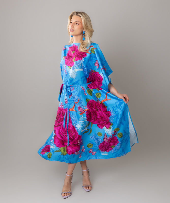 Fairytales on silk Kaftan in Azure Blue