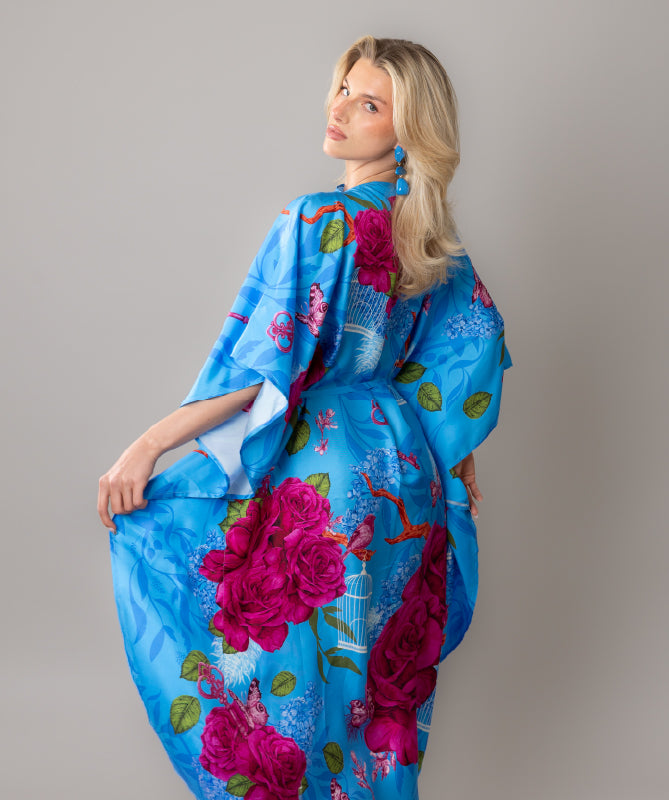 Fairytales on silk Kaftan in Azure Blue