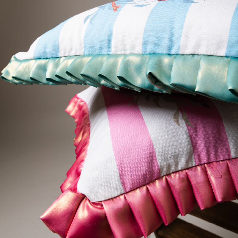 Romantic Ruffles & Roses Cushion – Blue Parisian Stripes (Lands April)