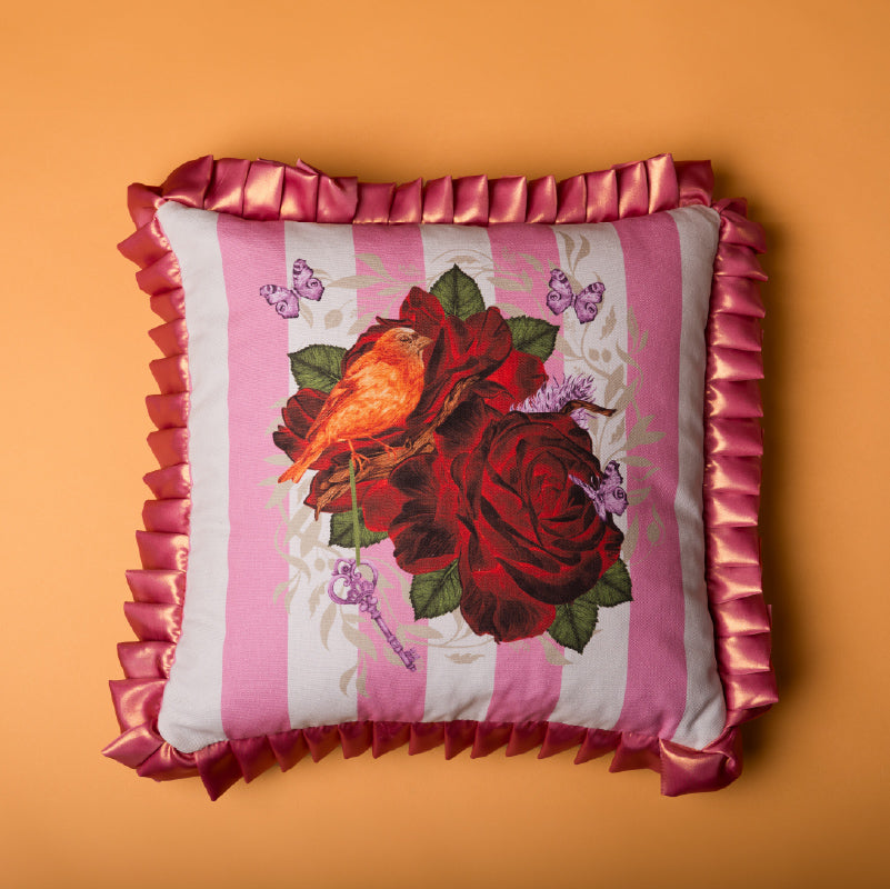 Romantic Ruffles & Roses Cushion – Pink Parisian Stripes