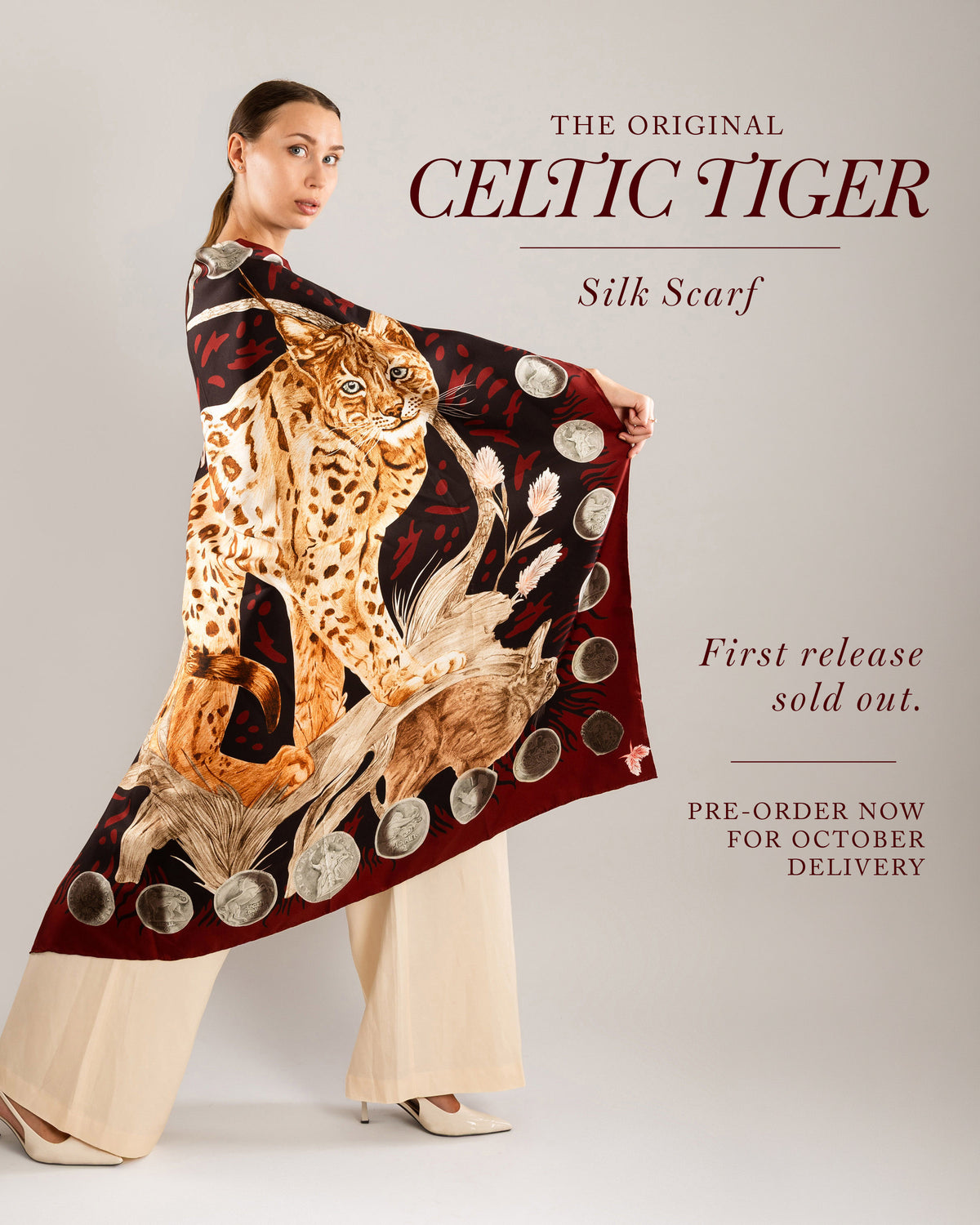 The Original Celtic Tiger — Nocturne Burgundy Silk Scarf, Pre-order only